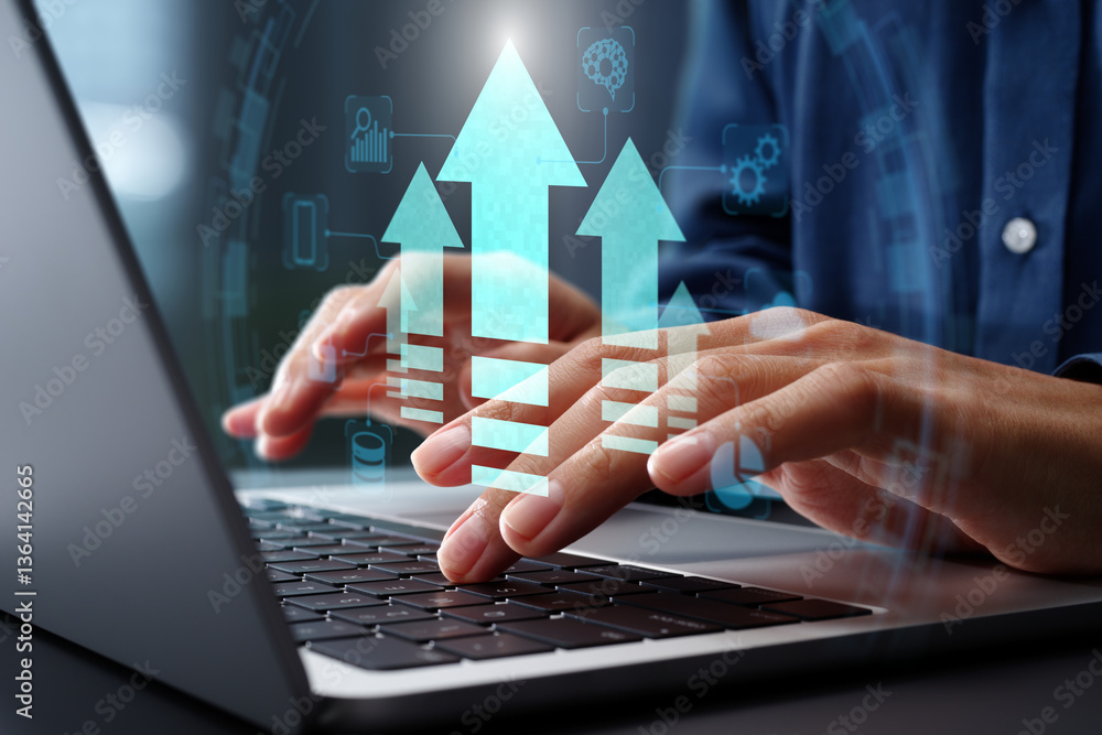 Poster Performance enhancement and efficiency optimization. Business process improvements with innovative solutions. Businessman using laptop computer for intelligent technology.
