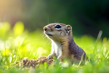 Fototapeta premium Adorable Chipmunk in a Lush Green Meadow Gazing Upwards with Curiosity