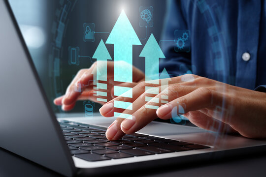 Performance enhancement and efficiency optimization. Business process improvements with innovative solutions. Businessman using laptop computer for intelligent technology.