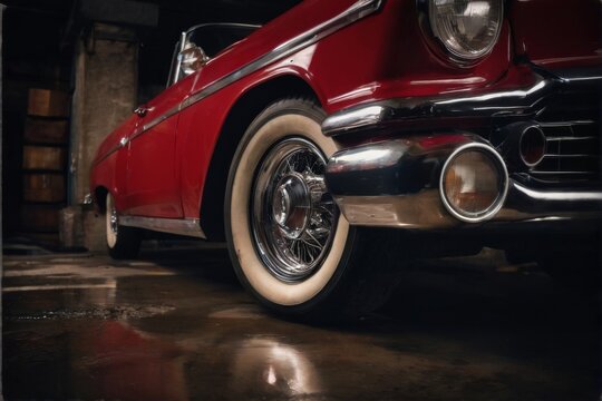 Vintage red car closeup in dimly lit garage, focusing on illuminated headlights, chrome grille, and unique silver wheels.