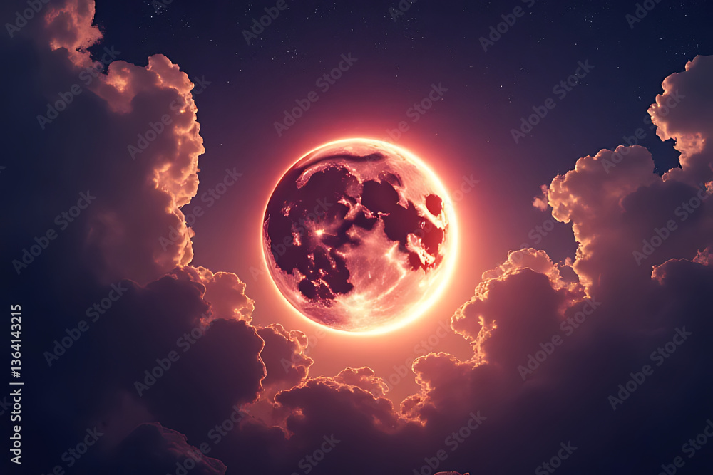 Wall mural captivating scene of a lunar eclipse with light refracting through cosmic clouds, creating vibrant