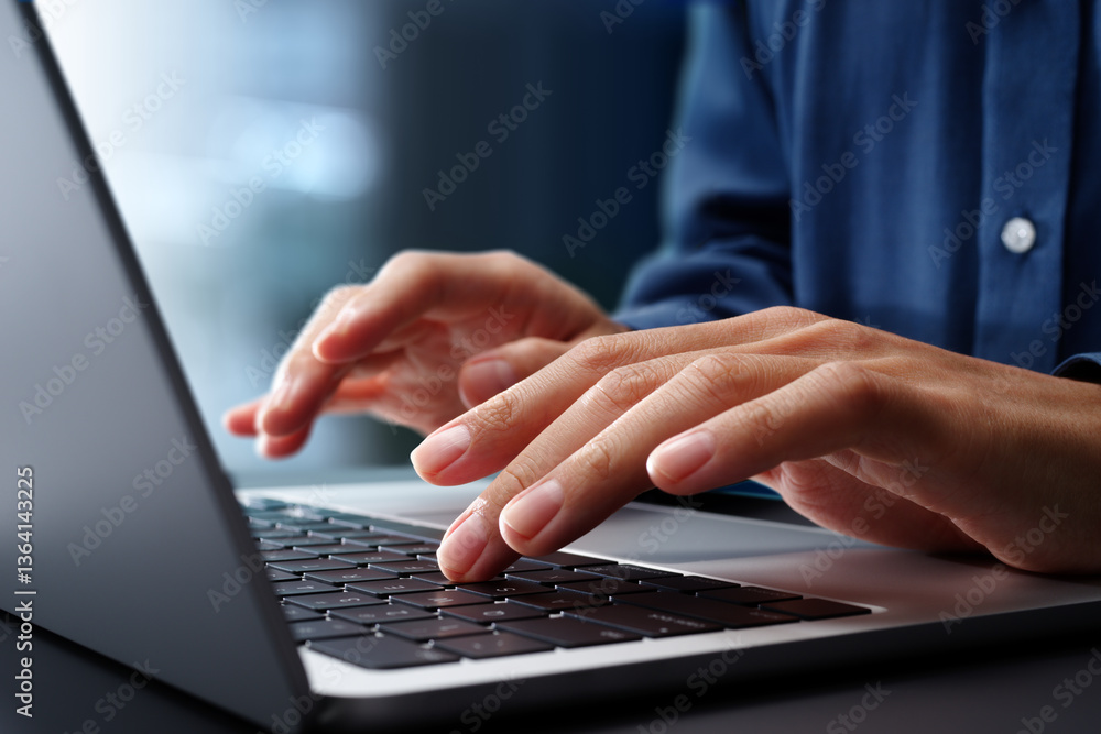 Poster Closeup of Hands typing on laptop computer keyboard. Businessman working at desk in office. Using technologies in business.