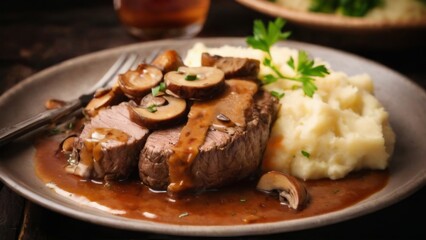 Beef Tenderloin with Mashed Potatoes and Mushroom Sauce on Gray Plate  Delicious and Cozy Dinner Setting