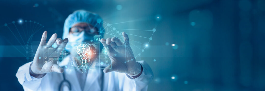 Medical technology, Doctor use AI for diagnosis of brain, care and increasing accuracy patient treatment in future. Medical research and development innovation technology to improve patient health.