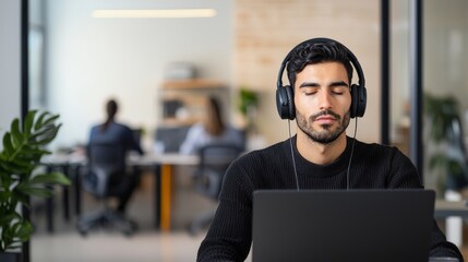 Embracing the Digital Nomad Lifestyle with Travel and Seamless Internet Connectivity, Focused man wearing headphones works on a laptop in a modern office setting.