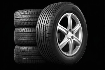Obraz premium Four black car tires with tread pattern and alloy wheel on black background, 3D rendering for realistic appearance.