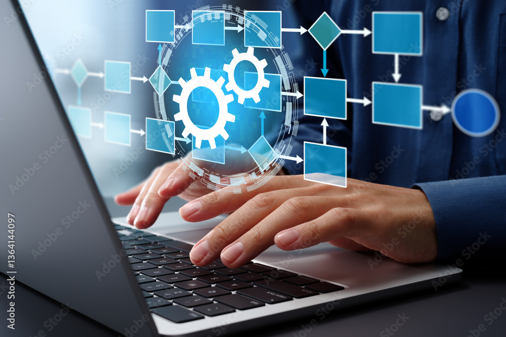 Aufkleber Business process management BPM and automation technologies. Process analysis and optimization. Man using laptop computer to design and optimize workflow.