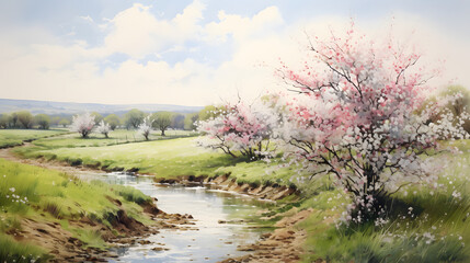Watercolor springtime outdoor landscape country road background poster decoration painting