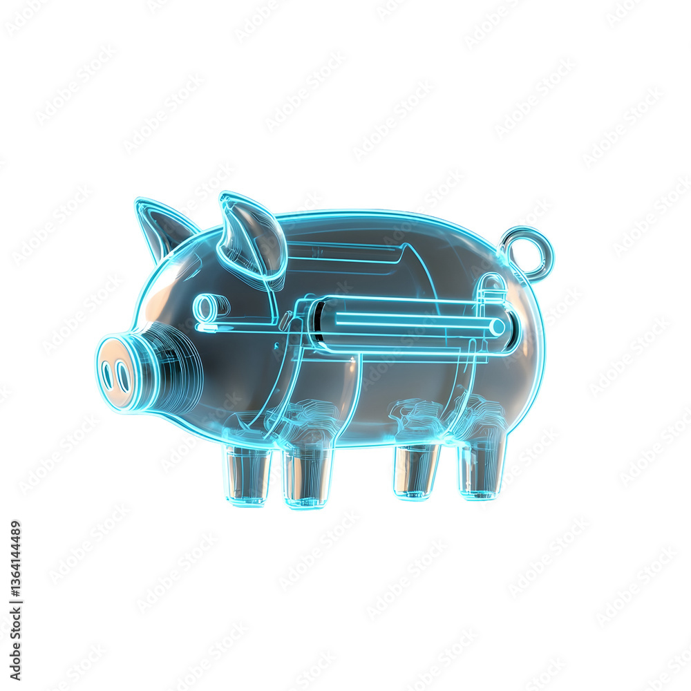 Poster a sleek minimalist 3d glass holographic icon depicting a stylized pig with soft diffused reflections