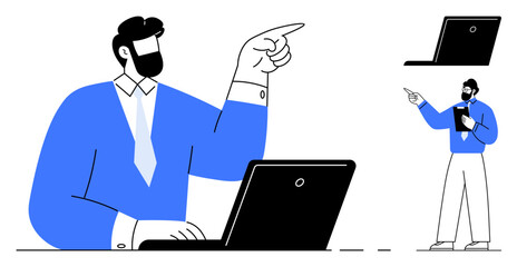 Man gesturing while using laptop and referring to ideas, remote communication. Ideal for teamwork, virtual meeting, technology, business, education, communication professional advice. Flat simple