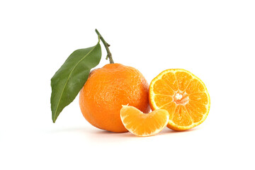 Fresh Orange Fruit with Leaf and Sliced Segment on White Background