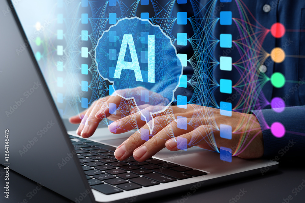 Poster AI and neural network. Deep learning model and diagram. Businessman using laptop computer to instruct AI.