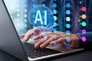 AI and neural network. Deep learning model and diagram. Businessman using laptop computer to...