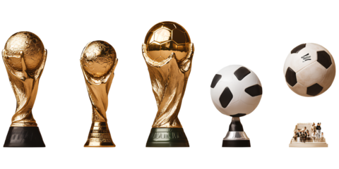  ASSETS: multiple items of the World Cup trophy and football on a transparent background