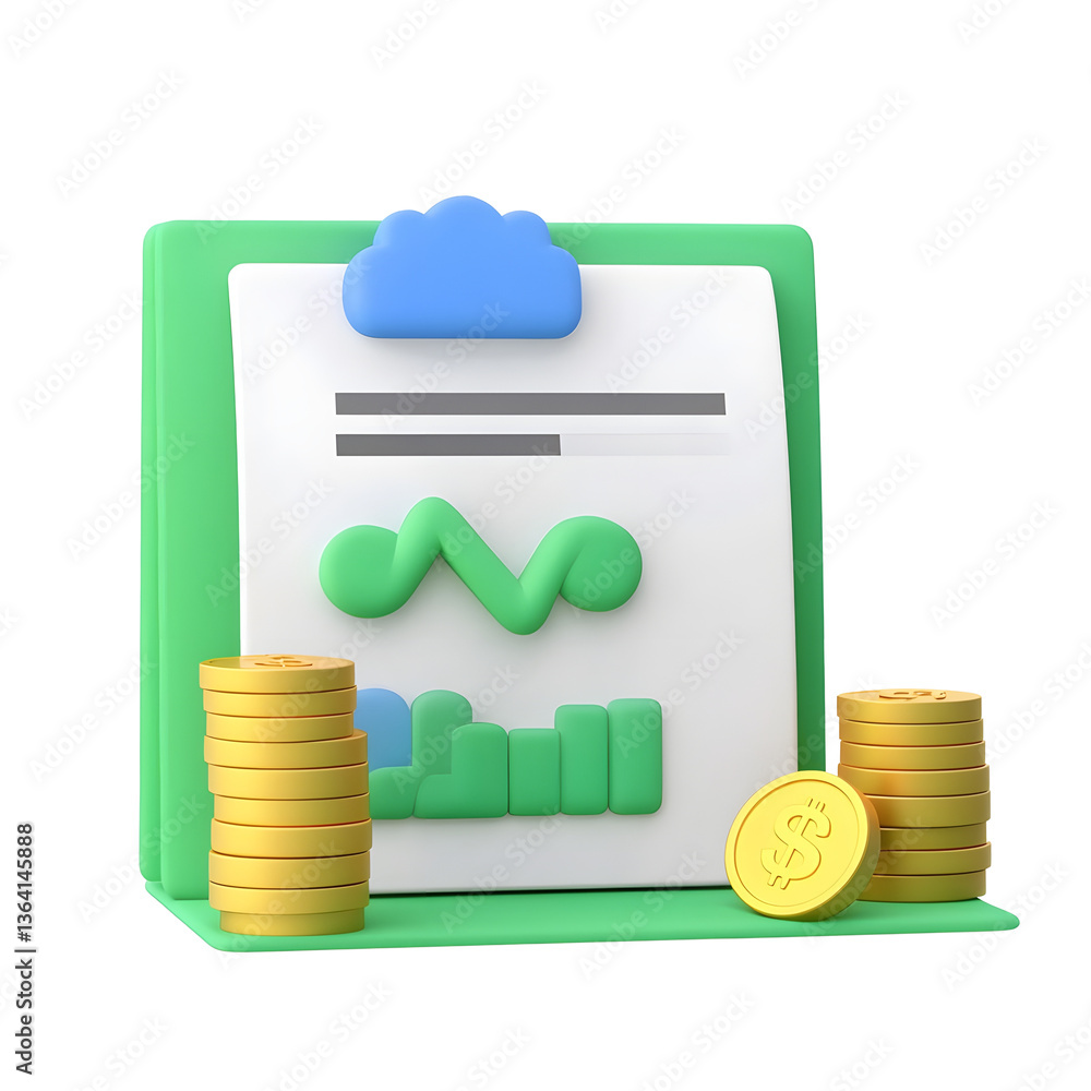 Poster A modern 3D rendered icon depicting a financial statement or document with a professional organized layout including graphs charts and stacked metallic coins representing investment management