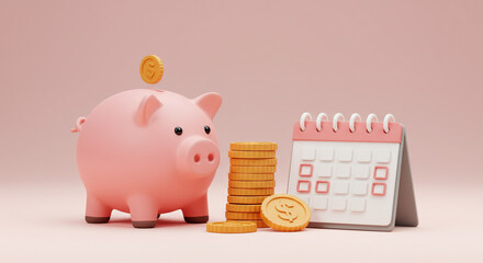 Pink piggy bank with coins represents safe money savings