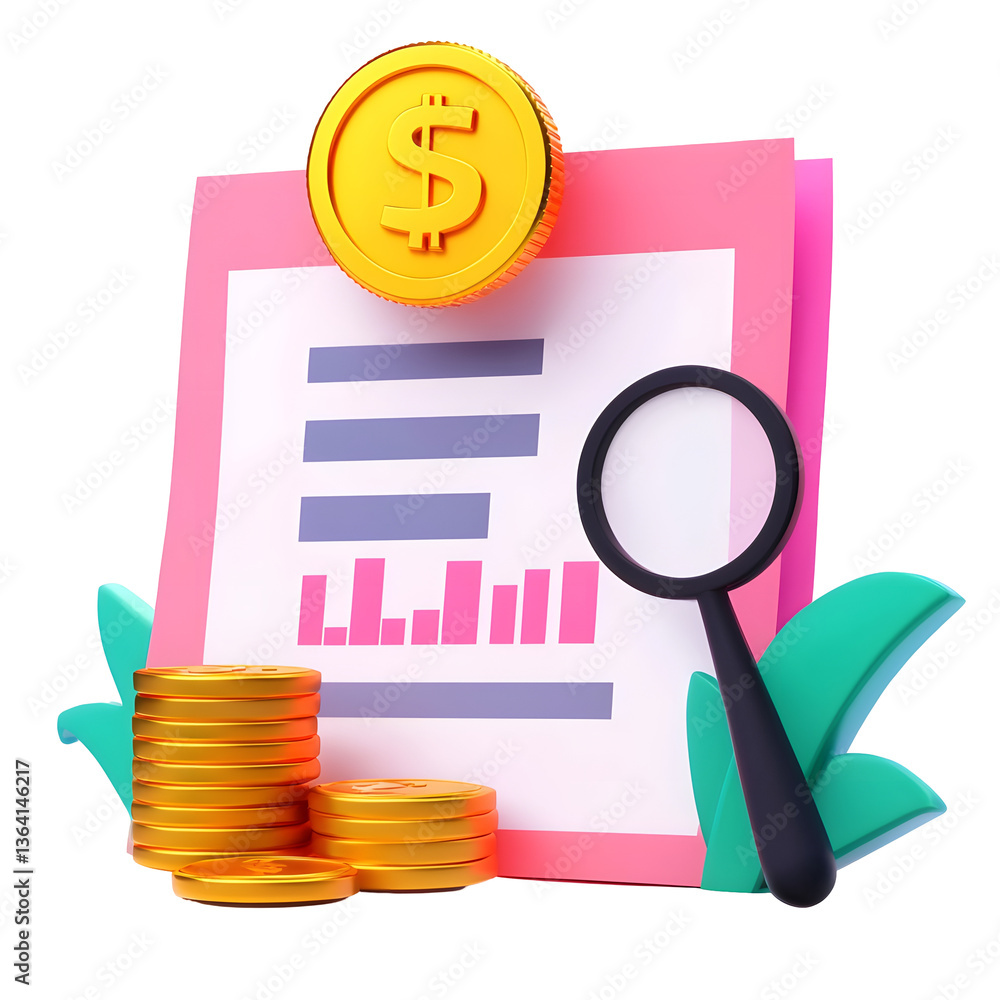 Poster a detailed financial document displaying data charts statistics and stacks of golden coins represent