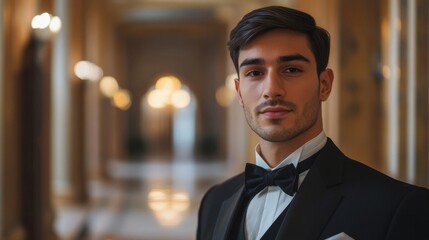 Fototapeta premium Portrait of Elegant Man in Black Suit and Bow Tie In a Classic Gallery Hallway
