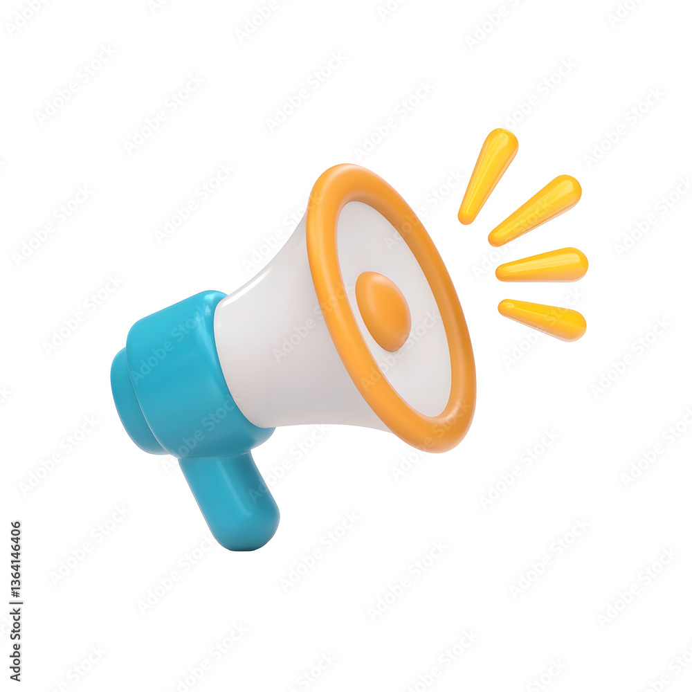 Poster Minimalist 3D megaphone icon with a sleek ergonomic design and vibrant yellow lightning effects symbolizing powerful voice projection and effective public announcements