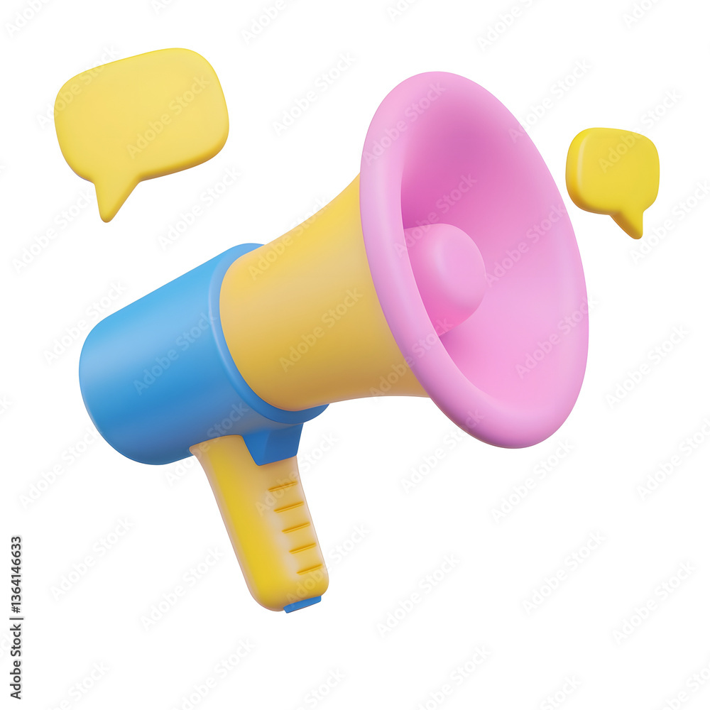 Poster a vibrant 3d rendered megaphone icon in a minimalistic design accompanied by bright floating speech 