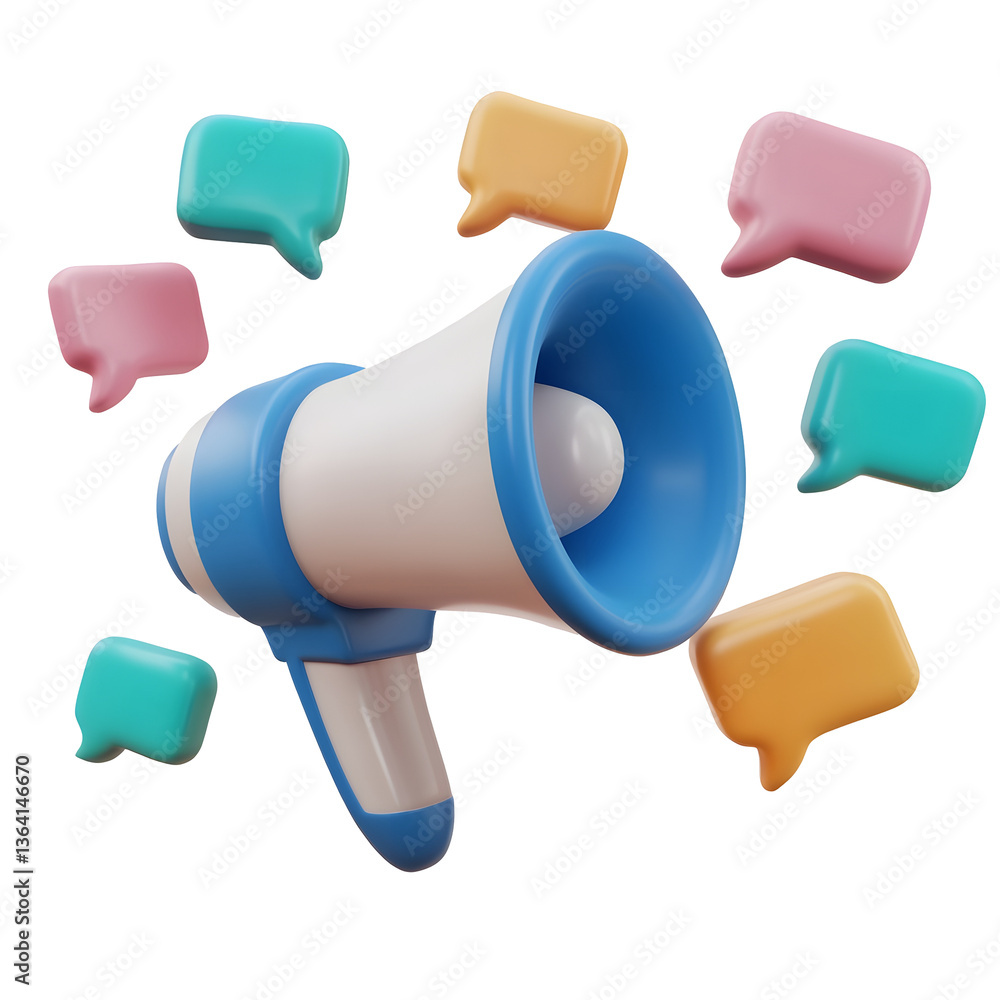 Poster a vibrant 3d of a modern blue and white megaphone device emitting a variety of colorful speech bubbl