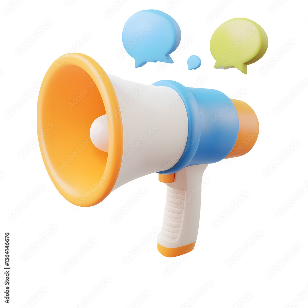 Poster vibrant 3d of a modern blue and white megaphone device emitting colorful speech bubbles representing