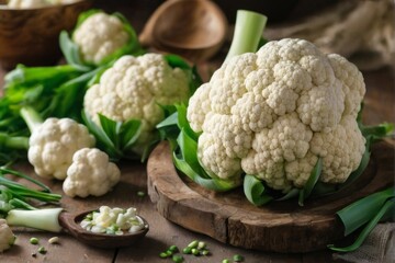 Fresh cauliflower on wooden table with rustic elements and green leaves, captured in a natural setting.