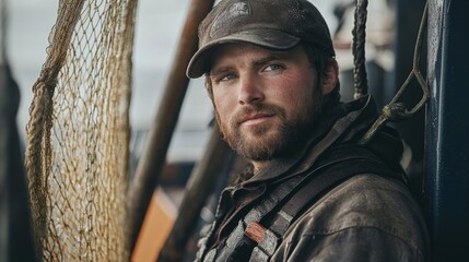 Obraz premium Portrait of Weathered Fisherman with Snow on Cap and Jacket Against Fishing Net