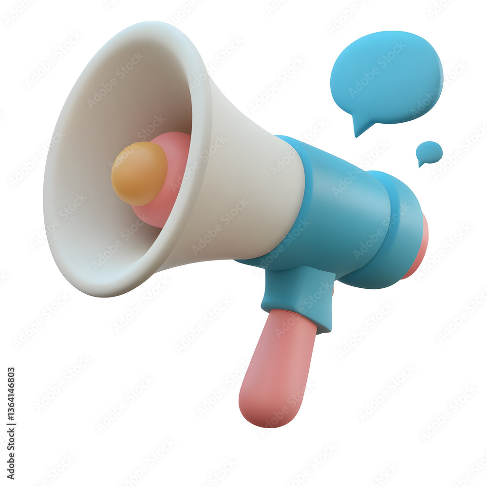 Poster a modern minimalist 3d megaphone design with dynamically floating speech bubbles representing digita