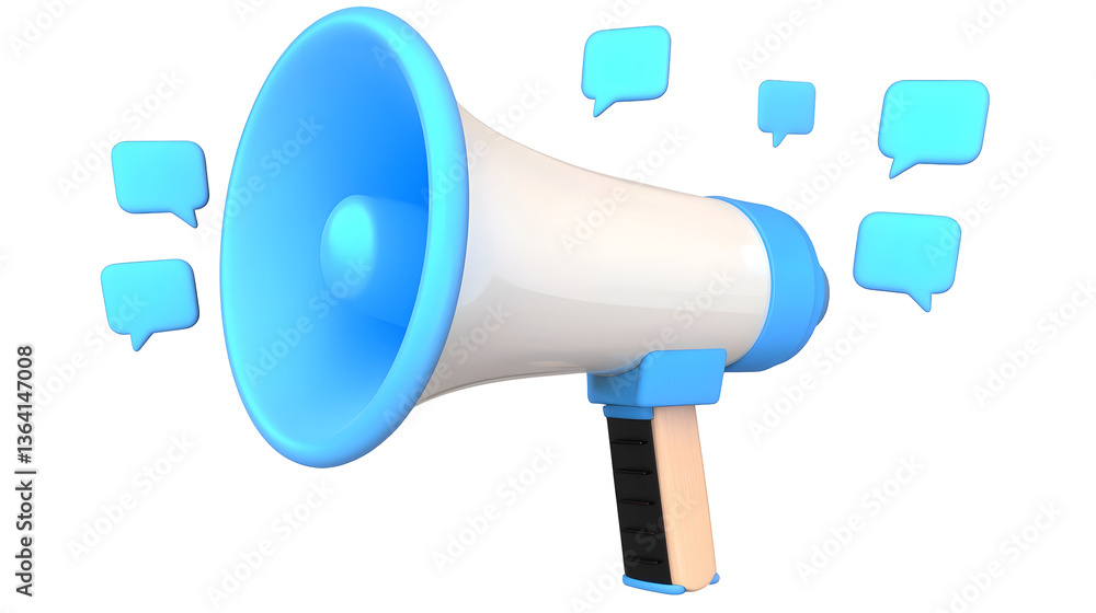 Aufkleber 3d of a contemporary blue and white megaphone with multiple glowing speech bubbles dynamically float