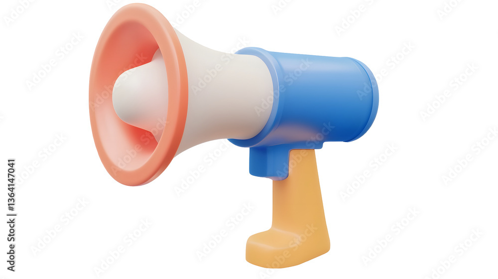 Poster minimalist 3d blue and white megaphone icon with smooth glossy surfaces and vibrant floating speech 