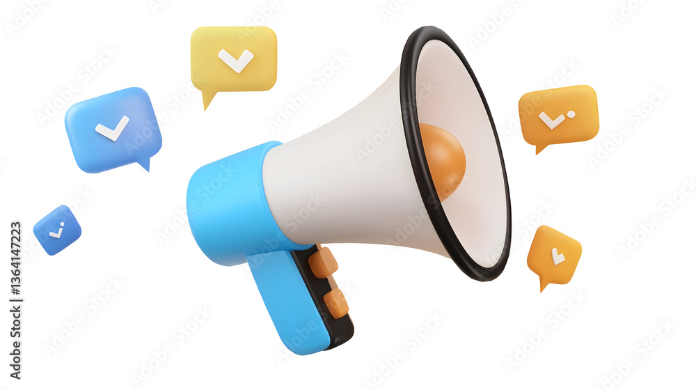 Poster futuristic 3d megaphone icon with colorful speech bubbles arranged dynamically around it symbolizing