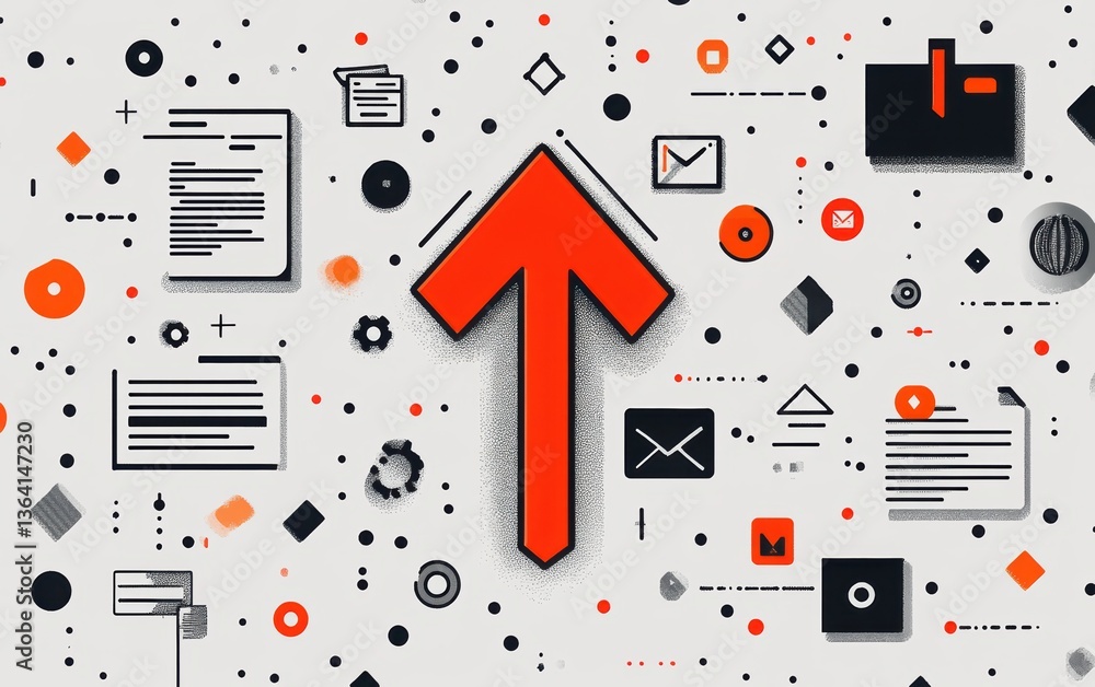 Poster dynamic abstract composition featuring red upward arrow surrounded by various icons and shapes