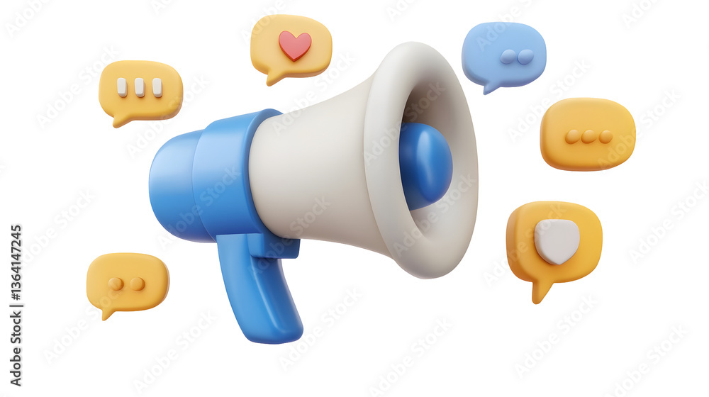 Poster A 3D rendered of a blue and white megaphone icon surrounded by colorful speech bubbles representing modern digital communication social media and dynamic notifications in a clean minimalist style