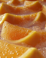 Close up view shows orange fruit slices in liquid