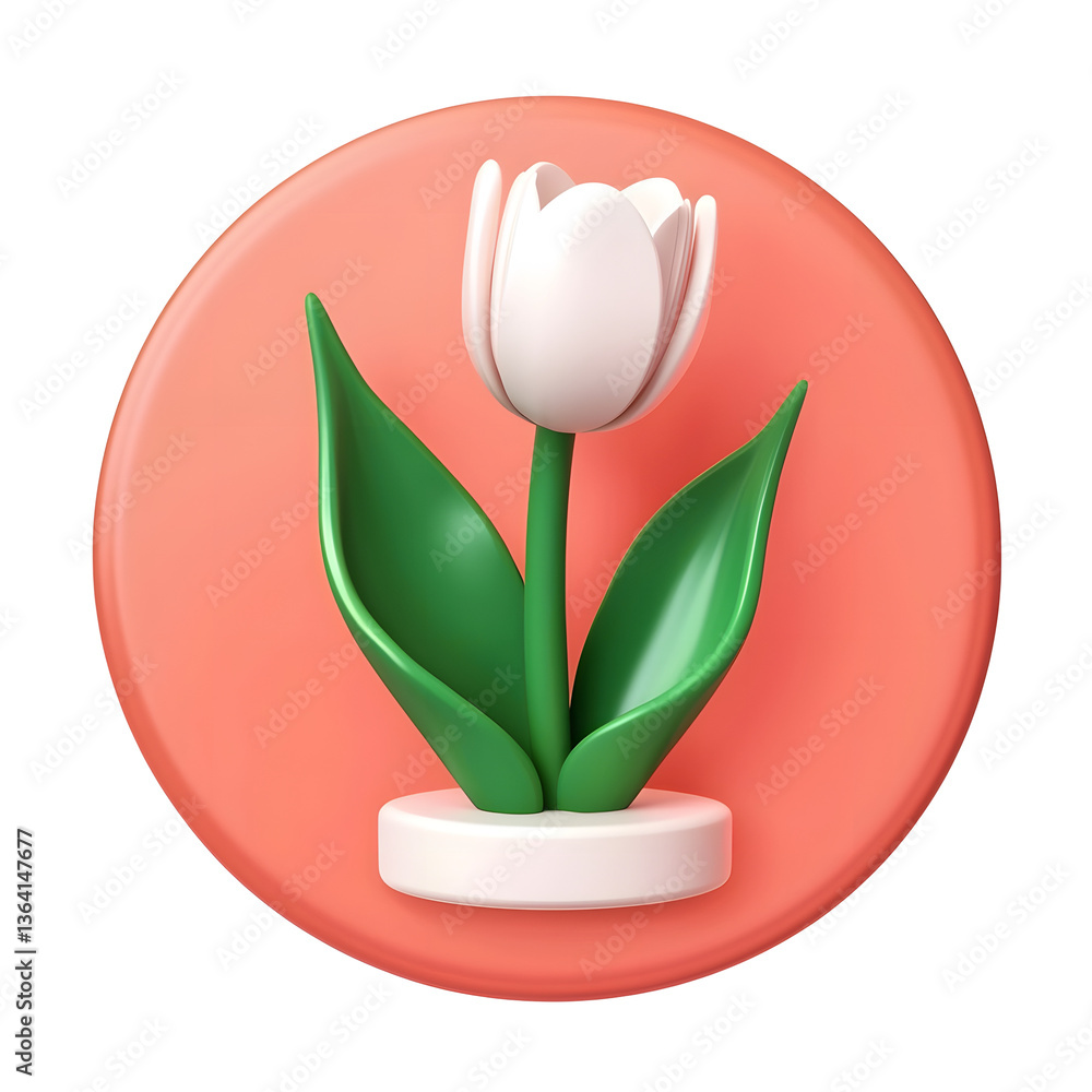 Poster A clean modern 3D rendered icon of a white tulip flower with green leaves designed for minimalist web and user interface applications