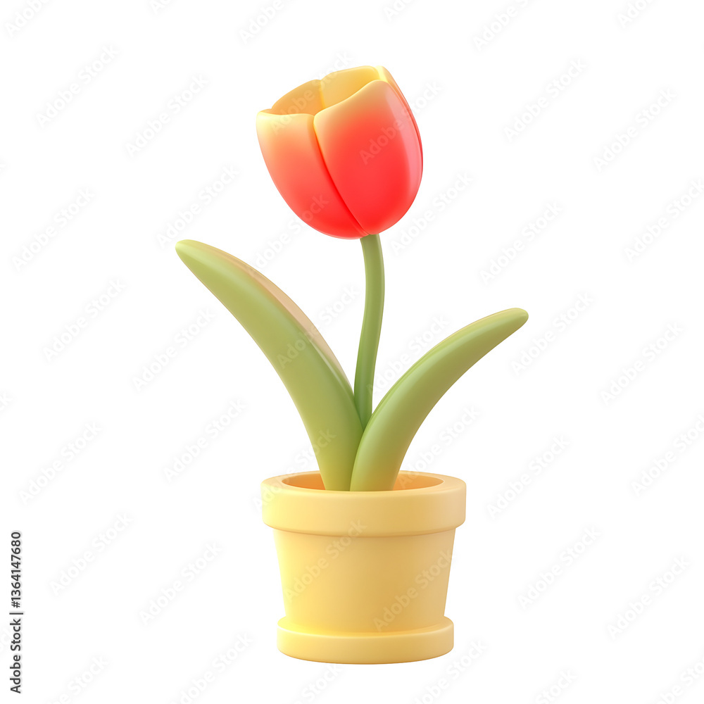 Leinwandbilder A vibrant minimalistic 3D rendered tulip flower in a yellow pot against a transparent background ideal for web and UI design