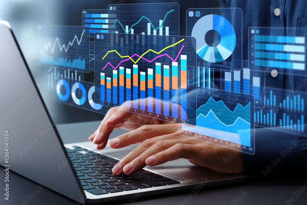 Poster Data analysis. Statistical graphs and financial charts. Business intelligence and data-driven strategy. Businessman using laptop computer to analyze business data.