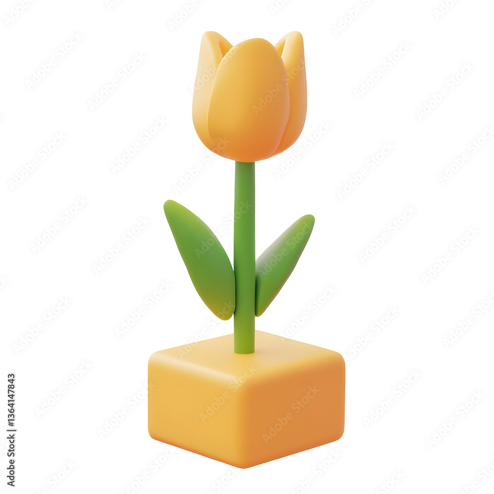 Poster A stylized and structured 3D rendering of a yellow tulip flower on a geometric base designed for use as a clean and modern UI element in minimalist digital interfaces