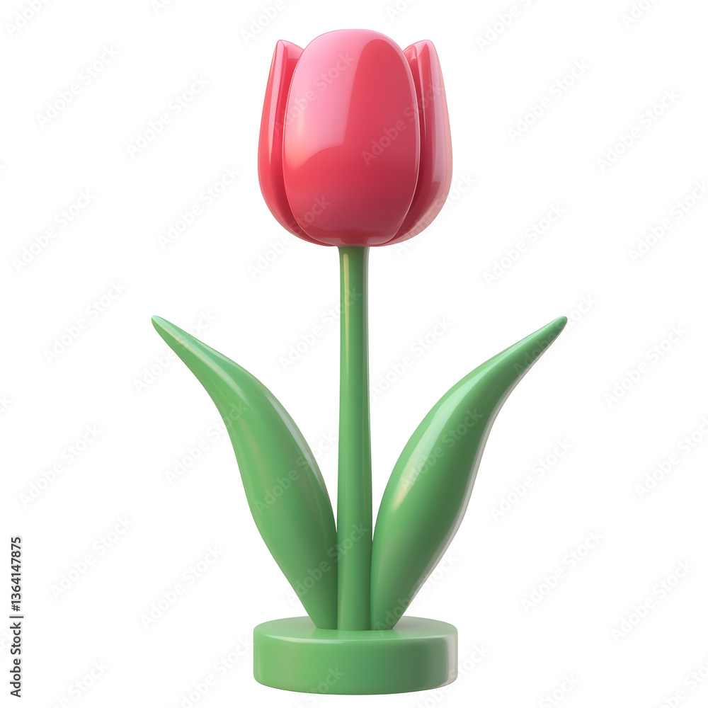 Poster a minimalist 3d rendered of a pink tulip flower with a green stem isolated on a clean white backgrou