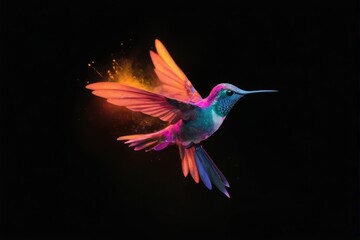 Obraz premium Hummingbird in Flight: Vibrant Pink Wings, Deep Blue Body, Bright Yellow Eyes on Black Background