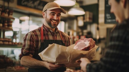 Smiling Butcher Handing Over Fresh Meat to Customer in a Warmly Lit Shop