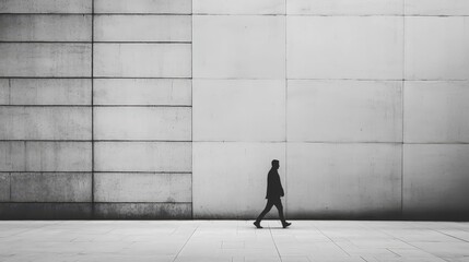 Urban solitude individual walking along minimalist concrete wall in monochrome setting