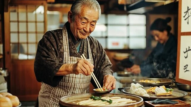 Culinary Art: Captivating scene of an elderly Asian chef at work, showcasing his expertise in a traditional kitchen setting, offering a glimpse of culinary skills.