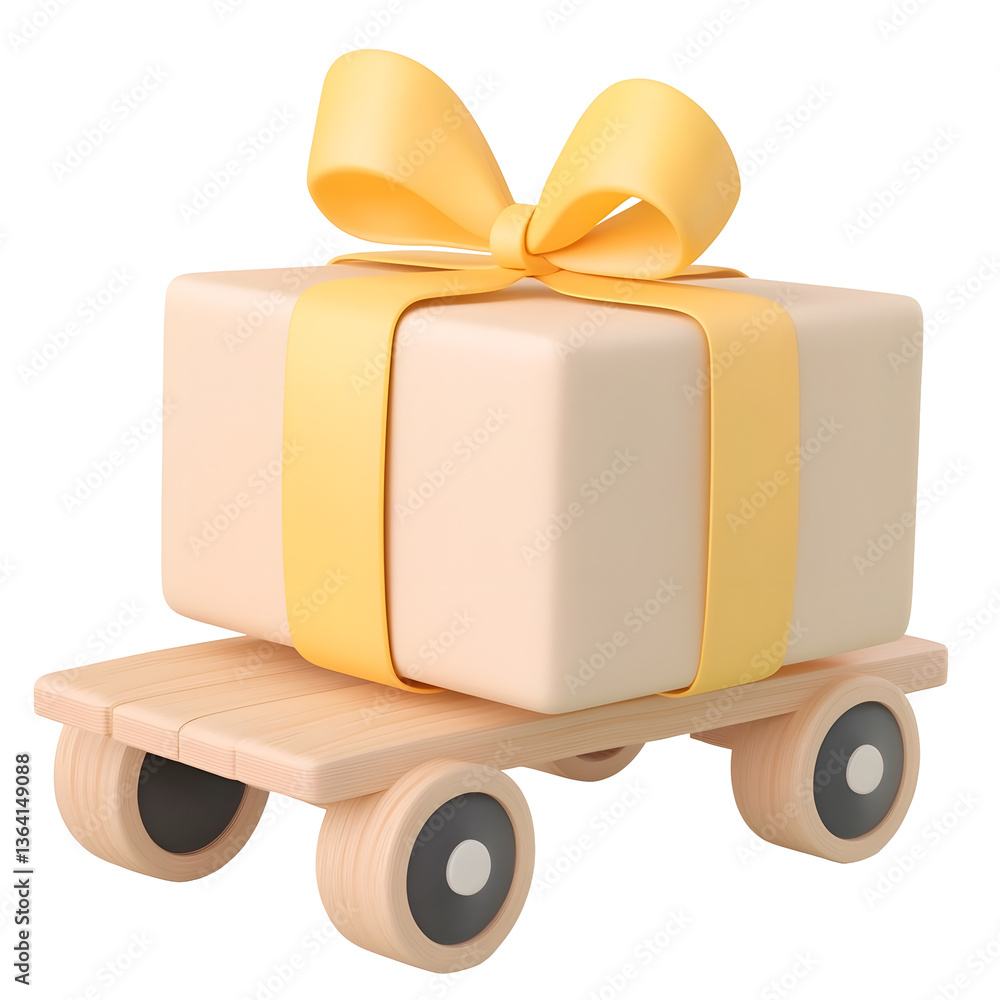 Poster beige gift box with a yellow ribbon neatly wrapped and transported on a simple wooden cart with whee
