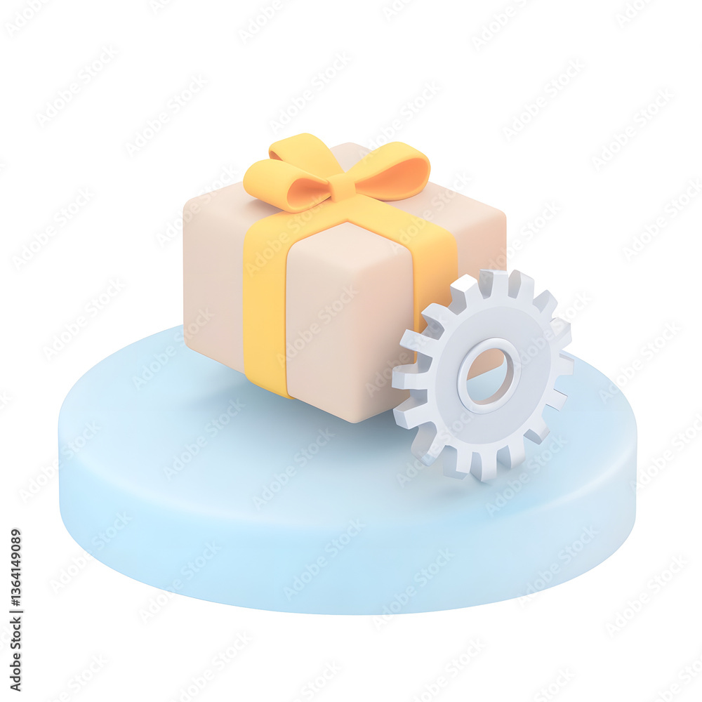 Leinwandbilder a beige gift box with a yellow ribbon and bow sits on a light blue platform accompanied by a silver 