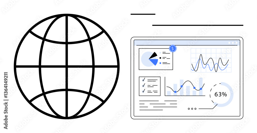 Poster globe next to a data dashboard with charts, pie graphs, and percentage indicators. ideal for network