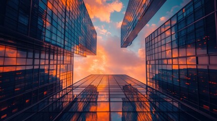 Urban sunset reflection modern cityscape photography skyscrapers low angle visual serenity