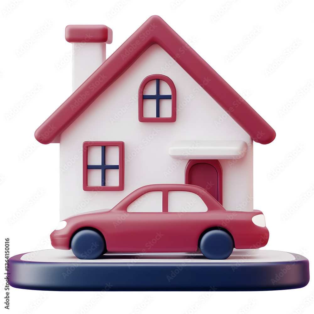 Poster minimalist 3d icon featuring a simple yet elegant red house structure with a parked car designed for