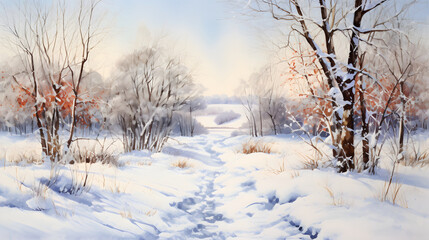 Obraz premium Watercolor wintertime outdoor landscape country road background poster decoration painting